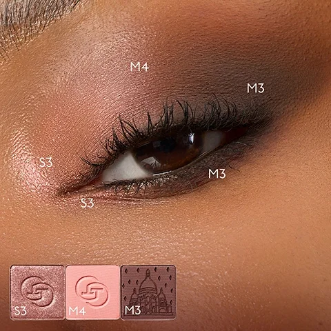 Shade S3 applied to the inner corner of the eye. M4 brushed over the centre of the eyelid. M3 is smoked out round the outer corner and slightly under the lower lashline.