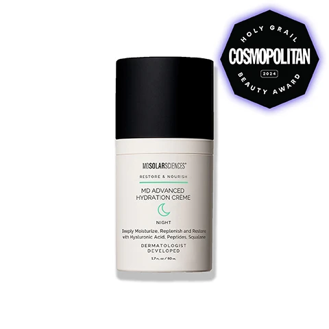 Image 2-dermstore-en_US - A white skincare bottle with a black cap and a crescent moon icon displays text MDSOLARSCIENCES® RESTORE & NOURISH MD ADVANCED HYDRATION CRÈME NIGHT Deeply Moisturize, Replenish and Restore with Hyaluronic Acid, Peptides, Squalane DERMATOLOGIST DEVELOPED 1.7 fl. oz. / 50 mL, with a hexagonal award badge in the top right corner stating HOLY GRAIL COSMOPOLITAN 2024 BEAUTY AWARD. Image 3-dermstore-en_US - A white and black bottle of MD Advanced Hydration Creme Night is shown next to text that reads CLINICALLY PROVEN, with 100%* said their skin texture feels softer and smoother, 100%* said their overall appearance of skin has improved, 93%* said their skin feels tighter and firmer, *of participants after an 8 week clinical study, while the bottle itself displays MDSOLARSCIENCES RESTORE & NOURISH, MD ADVANCED HYDRATION CREME, NIGHT, Deeply Moisturize, Replenish and Restore with Hyaluronic Acid, Peptides, Squalane, DERMATOLOGIST DEVELOPED, 1.7 FL.OZ / 50 mL. Image 4-dermstore-en_US - The image displays a swirl of white cream, two clear liquid drops, and dried light orange fungus on a light background, with the title RENEW YOUR SKIN, and text describing Ceramides: Boosts moisture & protects skin barrier, Plant-derived Squalane: Soothes sun damage & locks in moisture, and Mushroom Extract: Reduces wrinkles & dark spots. Image 5-dermstore-en_US - The image shows a clear liquid, a white cream smear, a translucent gel, and an orange slice, accompanied by text that says Nourish Your Skin, Hyaluronic Acid Retains moisture & reduces the appearance of fine lines, Niacinamide Improves skin barrier function, and Vitamin C Brightens skin & fades dark spots. Image 6-dermstore-en_US - A promotional image features a swirl of white cream on a light grey background with a white bottle of MDSOLARSCIENCES MD ADVANCED HYDRATION CREME NIGHT, displaying text that reads: DERMATOLOGIST DEVELOPED. BEAUTY-EXPERT APPROVED. 2024 HOLY GRAIL BEAUTY AWARDS BEST NIGHT CREAM COSMOPOLITAN. My skin actually looks smoother and feels more hydrated after using it. BETTY S. I absolutely LOVE this product! So much moisture from such a small amount needed! ANN G. The bottle itself also lists: MDSOLARSCIENCES RESTORE & NOURISH MD ADVANCED HYDRATION CREME NIGHT Deeply Moisturize, Replenish and Smooth with Hyaluronic Acid, Peptides, Squalane DERMATOLOGIST DEVELOPED 1.7 fl oz / 50 ml. Image 7-dermstore-en_US - Image features a white background with a dollop of white cream on the left and a white and black bottle of MD SolarSciences MD Advanced Hydration Creme on the right, displaying text: DERMATOLOGIST-DEVELOPED. SKIN-EXPERT APPROVED. I love the Advanced Hydration Crème! I have been pairing it with our microneedling treatments. Patients have so much less redness. They are also less likely to have minor abrasions from treatment. Instead of leaving bright red, they are a light pink and much more comfortable. It also makes a great post-treatment cream to encourage healing. -SETH MCLAUGHLIN, FNP AGELESS INTEGRATIVE MEDICINE, JOHNSON CITY, TN. The bottle label also shows MDSOLARSCIENCES RESTORE & NOURISH MD ADVANCED HYDRATION CREME NIGHT, with a moon icon, Deeply Moisturize, Replenish and Repair with Hyaluronic Acid, Peptides, Squalane & Ceramides, DERMATOLOGIST DEVELOPED, 1.7 FL. OZ./50 ML. Image 8-dermstore-en_US - A light brown background displays four MD SolarSciences skincare products: a white tube of cleanser, a small white pump bottle of serum, a taller white pump bottle of creme, and a small white jar of eye gel, featuring the text Explore The Collection, Scientifically formulated to elevate your everyday skincare routine, and on the products: MDSOLARSCIENCES™ CLEANSE & NOURISH WASH AWAY One Step Cleanser DAY & NIGHT Gently Exfoliating Purifying Cleanser Clears Pores and Removes Impurities, Makeup + Sunscreen DERMATOLOGIST DEVELOPED 1.7 FL OZ / 50 ML, MDSOLARSCIENCES™ RESTORE & NOURISH EVENING RETINOL SERUM NIGHT Retinol + Niacinamide help reduce fine lines + smooth skin DERMATOLOGIST DEVELOPED 1 FL OZ / 30 ML, MDSOLARSCIENCES™ RESTORE & NOURISH MD ADVANCED HYDRATION CREME NIGHT Deeply Moisturize, Replenish and Restore with Hyaluronic Acid, Peptides, Squalane DERMATOLOGIST DEVELOPED 1.7 FL OZ / 50 ML, and MDSOLARSCIENCES™ RESTORE & NOURISH REVITALIZING EYE GEL DAY & NIGHT Diminishes puffiness + dark circles Visibly brightens + smooths. Image 9-dermstore-en_US - A smiling woman with blonde hair in a black top is pictured beside the text MDSOLARSCIENCES DERMATOLOGIST - DEVELOPED • SPF + SKINCARE, and a large heading that reads SCIENCE ISNT OUR SECRET. ITS OUR STANDARD., followed by a quote At the heart of our brand is a commitment to true skin wellness, powered by science, elevated by luxury, and grounded in clean, feel-good formulas., attributed to RENEE PLATO, CEO.