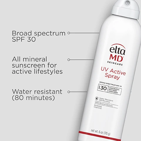 Image 1 - An EltaMD UV Active Spray sunscreen bottle displays key features including broad spectrum SPF 30, all mineral sunscreen for active lifestyles, and water resistance for 80 minutes, with the text stating net wt. 6 oz (170 g).
Image 2 - A red square with the text #1 Dermatologist Recommended Professional Sunscreen Brand and a footnote indicating U.S. Sunscreen Dispensing Dermatologists Study, Decision Analyst 2023.
Image 3 - A hand holds a white spray bottle labeled Elta MD UV Active Spray with SPF 30 against a red background, accompanied by the text 360-degree sprayability for easier application.
Image 4 - A white spray bottle labeled EltaMD Skincare UV Active Spray with a red background, displaying the text: CLICK. SPRAY. BLEND. Mineral protection goes on white, rubs in clear.
Image 5 - A young woman is smiling while holding a bottle of Elta MD UV Active Spray, with text that reads With Bisabolol to help calm skin and visibly reduce the look of redness.
Image 6 - Three hands hold bottles of EltaMD UV Clear sunscreen, with a message above stating SPF made for skin, not just the sun.
Image 7 - A group of three hands of different skin tones is shown, with two hands applying a white cream and one hand displaying a transparent gel; the image contains text that reads THINK ZINC OXIDE Natural mineral compound that works as a sunscreen agent by reflecting and scattering UVA and UVB rays along with a logo featuring Zn and Think Zinc.
Image 8 - A can of EltaMD UV Active Spray sunscreen floats in water, with visible text reading Water and sweat resistant.