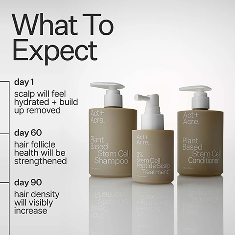Image 1 - The image shows three Act+Acre hair products: Plant Based Stem Cell Shampoo 10 fl oz - 296 ml, 3% Stem Cell Peptide Scalp Treatment 3.0 fl oz - 89 ml, and Plant Based Stem Cell Conditioner 10 fl oz - 296 ml, next to a timeline titled What To Expect day 1 scalp will feel hydrated + build up removed day 60 hair follicle health will be strengthened day 90 hair density will visibly increase. Image 2 - A split image shows a woman with blonde hair before and after using a product, with the after photo showing visibly healthier and smoother hair, accompanied by text that reads 81% Agree Hair Looks + Feels Healthier † in an independent consumer consumer trial conducted by act+acre with 20 participants over 12 weeks using stem cell system Before After 16 weeks of use. Image 3 - A before and after image shows a womans blonde hair from the back, appearing fuller and longer in the after shot, accompanied by text 86% Saw Improved Hair Growth, Before, After 16 weeks of use, and a smaller disclaimer text in an independent consumer trial conducted by act+acre with 20 participants over 12 weeks using stem cell system. Image 4 - A dark shelf against a textured light background displays two large beige pump bottles of shampoo and conditioner, one smaller beige pump bottle of scalp treatment, and a beige handheld dermastamp tool, with text reading For Best Results Use Every Day On Wet Or Dry Scalp 1 use shampoo and conditioner daily 2 apply peptide treatment on wet scalp 3 follow with dermastamp Act+Acre Plant Based Stem Cell Shampoo 10 fl oz - 296 ml e Act+Acre Plant Based Stem Cell Conditioner 10 fl oz - 296 ml e Act+Acre 3% Stem Cell Peptide Scalp Treatment 2 fl oz - 60 ml e Act+Acre. Image 5 - A dark grey background displays three beige Act+ Acre hair product bottles in a row, including a shampoo, conditioner, and scalp treatment, along with a badge showing two outlined heads. The visible text reads: Complete Your Routine, TRICHOLOGIST RECOMMENDED Helen Rowney, Act+ Acre Plant Based Stem Cell Shampoo, Act+ Acre Plant Based Stem Cell Conditioner, Act+ Acre 3% Stem Cell Peptide Scalp Treatment, and listed benefits: cleanses + nourishes, hydrates + strengthens, increases the look of hair density.