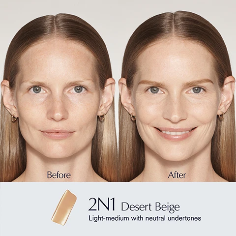 Image 1 - A split image shows a womans face before and after applying foundation, with a beige foundation swatch below, and includes the text Before, After, 2N1 Desert Beige, Light-medium with neutral undertones. Image 10 - A collection of Estée Lauder makeup products for The No Makeup-Makeup Look is displayed, including a serum primer, skin tint, skincealer, brow product, mascara, and lipstick, with text listing the steps: Step 1 Peptide Primer, Step 2 Skintint, Step 3 Skincealer, Step 4 BrowPerfect, Step 5 Turbo Lash, Step 6 Pure Color Explicit. Image 11 - A grid showing three women holding foundation bottles and a comparison chart of three foundation types, with text that reads: FIND THE FOUNDATION FOR YOU, FUTURIST SKINTINT SERUM SPF 20, Light-to-medium coverage, Natural radiant finish, 85% skincaring ingredients, FUTURIST HYDRA RESCUE MOISTURIZING MAKEUP SPF 45, Medium-to-full coverage, Flawless radiant finish, Nourishing hydration, DOUBLE WEAR STAY-IN-PLACE MAKEUP, Medium-to-full coverage, Cashmere matte finish, 24-hour longwear. Image 12 - A color chart for Futurist SkinTint Serum Foundation SPF 20 displays thirty rectangular swatches of foundation shades ranging from very light to very dark, each labeled with a number and name, and includes an undertone legend: Undertone: C = Cool/Rosy N = Neutral W = Warm/Golden. Image 13 - An image showing a Foundation Shade Guide for light tones, with three foundation products and their descriptions above a comprehensive list of corresponding shade names: Foundation Shade Guide LIGHT Double Wear Stay-in-Place Makeup Medium-to-Full Coverage Matte Finish Futurist SkinTint Serum SPF 20 Light Coverage Ultra-Natural Radiant Finish Futurist Hydra Rescue Makeup SPF 45 Medium-to-Full Coverage Radiant Finish 0N1 ALABASTER 1C0 SHELL 1N0 PORCELAIN 1N2 WARM PORCELAIN 1C1 COOL BONE 1N1 IVORY NUDE 1W1 BONE 1N2 ECRU 1W2 SAND 2C0 COOL VANILLA 2W0 WARM VANILLA 2C1 PURE BEIGE 2N1 DESERT BEIGE 2W1 DAWN 2N2 BUFF 2W2 RATTAN 2C3 FRESCO 2C4 IVORY ROSE 0N1 ALABASTER 1C1 COOL BONE OR 0N1 ALABASTER 1N1 IVORY NUDE OR 0N1 ALABASTER 1W1 BONE 1C1 COOL BONE 1N1 IVORY NUDE 1W1 BONE 1N2 ECRU 1W1 BONE OR 2W1 DAWN 2C0 COOL VANILLA 1W1 BONE OR 2W1 DAWN 2C0 COOL VANILLA OR 2C3 FRESCO 2N1 DESERT BEIGE 2W1 DAWN 2N1 DESERT BEIGE OR 3W1 DAWN 3W1 DAWN OR 3W1 TAWNY 2C3 FRESCO 2C3 FRESCO OR 2C3 PEBBLE 1N0 PORCELAIN 1N0 PORCELAIN 1N0 PORCELAIN 1W1 BONE 1C1 COOL BONE 1N0 PORCELAIN OR 1N2 ECRU 1W1 BONE 1N2 ECRU 1W2 SAND 2C1 PURE BEIGE 1W1 BONE 2C1 PURE BEIGE 2N1 DESERT BEIGE 2W1 DAWN 2N2 BUFF 3W1 DAWN 2C3 FRESCO 2C3 FRESCO. Image 14 - The image displays five Estée Lauder skincare and makeup products: a gold dropper bottle, a pink tube, a brown foundation bottle, a brown concealer stick, and a gold tube, presented alongside the text The Future Is Now Futurist Skincaring Makeup. Powered by Science. Peptide-Power Serum Primer A lightweight serum-gel that instantly plumps and primes skin with hydration for a smooth, makeup-ready glow. Watery Glow Primer A refreshing gel-creme that provides all-day moisture and a visibly healthy look. SkinTint Serum SPF 20 A sheer skin tint with all-day color-true wear. Evens, smooths and moisturizes. Brightening Skincealer Plumping, hydrating and smoothing concealer. Diminishes the look of dark circles over time. Hydra Rescue Makeup SPF 45 Breathable, buildable lightweight foundation with medium to full coverage. Soothes and protects. Image 15 - The image displays five different Estee Lauder foundation products: a tube, a dropper bottle, a pump bottle, a square bottle, and a compact, with the visible text reading: Choose Your Foundation. Coverage + Care Futurist Hydra Rescue Moisturizing Makeup SPF 45: 12-hour radiant glow, Full coverage. Flawless radiant finish. Soothes, protects and hydrates with high-performance skincare. Infused with probiotic technology and chia-seed extract. Skincaring Makeup + Science Futurist Skintint Serum With Botanical Oil Infusion SPF 20: 8-hour wear. Light coverage. Ultra-natural radiant finish. Evens, smooths, & moisturizes. Infused with 85% skincaring ingredients. 24-Hour Wear Double Wear Stay-In-Place Makeup: 24-hour staying power. Full coverage. Cashmere matte finish. Waterproof, sweat- & humidity-resistant. Transfer-resistant. Sheer All-Day Wear Double Wear Sheer Long-Wear Makeup SPF 19: 12-hour wear. Sheer-to-light coverage. Seamless sheer matte finish. Weightless, fresh feeling. Visibly perfecting, healthy looking. Versatile Powder Double Wear Stay-In-Place Matte Powder Foundation: 12-hour wear. Custom, sheer-to-full coverage. Matte finish. Wear as foundation, or over it. Image 2 - The image shows a grid of nine women with diverse skin tones, each modeling a different foundation shade, with categories All Day Wear, Increased Moisture, and Sweat & Humidity Resistant, and individual shades listed as 0N1 Alabaster Lightest with neutral undertones, 1C1 Cool Bone Light with cool rosy-peach undertones, 1N1 Ivory Nude Light with neutral peach undertones, 1N2 Ecru Light with neutral rosy undertones, 1W1 Bone Light with warm undertones, 2C0 Cool Vanilla Light-medium with cool pink undertones, 2C3 Fresco Light-medium with cool, rosy beige undertones, 2N1 Desert Beige Light-medium with neutral peach undertones, and 2W1 Dawn Light-medium with warm peach undertones. Image 3 - Four arms display a wide range of Estée Lauder Futurist Hydra Rescue SPF 45 foundation swatches on diverse skin tones, with shade labels including 9N1, 8N2, 8C2, 7W2, 7N2, 6W1, 6N1, 6C1, 5W2, 5W1, 5N2, 5C1, 4W1, 4N2, 4N1, 2N1, 2W1, 3C2, 3N1, 3N2, 3W1, 4C3, 0N1, 1C1, 1N1, 1N2, 1W1, 2C0, 2C3. Image 4 - A foundation shade guide chart features categories for intensity light, medium, and deep, with undertones cool, neutral, and warm, showing multiple color swatches and codes, along with instructional text that reads Find Your Foundation 1. Intensity: Choose your skins intensity level from light to dark. 2. Undertone: Choose cool, neutral or warm. Cool (C): Bare skin has a rosy tone and burns easily in the sun. Neutral (N): Bare skin is more even toned, not too pink or golden. Warm (W): Bare skin has a golden or olive tone and tans easily in the sun. LIGHT COOL 1C1 2C0 2C3 NEUTRAL 0N1 1N1 1N2 2N1 WARM 1W1 2W1 MEDIUM COOL 3C2 4C3 NEUTRAL 3N1 3N2 4N1 4N2 WARM 3W1 4W1 DEEP COOL 5C1 6C1 8C2 NEUTRAL 5N2 6N1 7N2 8N2 9N1 WARM 5W1 5W2 6W1 7W2. Image 5 - A woman with clear skin holds a bottle of Estee Lauder Futurist SkinTint Serum with a dropper, and visible text reads IN JUST 1 WEEK SKIN APPEARS: Smoother More moisturized More even toned, with the bottle label displaying ESTEE LAUDER Futurist SkinTint Serum with Botanical Oil Infusion Broad Spectrum SPF 20. Image 6 - Four bottles of Estee Lauder Futurist SkinTint Serum in various skin tones are arranged, one with product spilled down its side and another lying horizontally, all labeled ESTEE LAUDER Futurist SkinTint Serum with Botanical Oil Infusion Broad Spectrum SPF 20, alongside a checklist of benefits: Natural radiant finish, Light-medium buildable coverage, Made with 85% skincaring ingredients, Sweat- and humidity-resistant, SPF 20. Image 7 - A woman with radiant skin holds a bottle of Estée Lauder Futurist SkinTint Serum with Botanical Oil Infusion and Broad Spectrum SPF 20, alongside text that states Skin Tone Appears More Even After One Week. Image 8 - A close-up shows a clear glass tube filled with stacked golden liquid spheres on a light background, with text reading WHAT POWERS YOUR GLOW? followed by three points: BOTANICAL OIL INFUSION Helps nourish and lock in moisture, RESURFACE & TONE DUO Smooths texture and improves skin tone, and MOISTURE SACCHARIDES & GLYCERIN Hydrate and attract water to skin. Image 9 - A bottle of Estee Lauder Futurist SkinTint Serum with Botanical Oil Infusion Broad Spectrum SPF 20 lies among white and yellow meadowfoam flowers, with text that reads Made with responsibly sourced meadowfoam seed oil from bee-friendly farms in Oregon* and *Derived from plants grown by our partners who practice bee-friendly, sustainability focused agriculture.