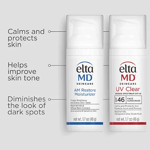 Formulated with Niacinamide Vitamin B3 to reduce redness and restore suppleness. Complete you regimen. Free from parabens, fragrances, dyes. Trusted by Dermatologists. Loved by skin. For over 30 years, EltaMD has been creating innovative products that cater to all skin types and conditions, from cosmetically elegant sunscreen to skincare that repairs and
rejuvenates skin. Calms and protects skin. Helps improve skin tone. Diminishes the look of dark spots.