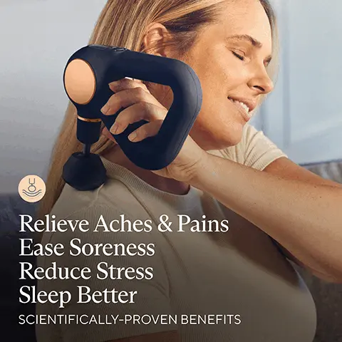 Image 1, relieve aches and pains ease soreness reduce stress sleep better scientifically proven benefits. Image 2, relieve aches and pains with fast and effective massage therapy. Image 3, reduces stress and sleep better with massage therapy combined with calming breathwork. Image 3,reduce stress and sleep better with massage therapy combined with calming breathwork Image 4, personalised insights via built in biometric sensor with on device heart rate readings. Image 5, enhance relaxtion and reduce stress by syncing with theramind sound therapy exclusively in the therabody app. Image 6, comfortably reach anywhere on your body with a patented ergonomic grip. Image 7, dampener for tender or sensitive areas, thumb for the lower back and trigger point therapy, micro point increase circulation and stimulate recovery standard ball for all over body massage, target different areas with 4 scientific ally designed massage attachments. Image 8, your partner for mind and body wellness get maxiumum benefits based on your unique needs via guided routines in the therabody app. Image 9, whats included