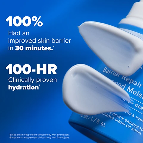 Image 1 - A close-up of a blue cosmetic bottle with white cream applied at the top, featuring the text 100% Had an improved skin barrier in 30 minutes. and 100-HR Clinically proven hydration.
Image 2 - Image shows a side-by-side comparison of a persons face labeled BEFORE on the left and AFTER 30 MINUTES on the right, with visible text above stating Clinically proven to improve skin barrier & hydration * Based on an independent clinical study with 30 subjects.
Image 3 - Image shows a blue background with a white product bottle on the right, featuring text that reads: WHATS INSIDE, 5 Skin-Identical Ceramides: Replenishes & prevents water loss for all-day hydration, Tripeptide-5: Protects natural collagen levels & visibly reduces wrinkles, Watermelon Seed Oil: Supports essential ceramide production.
Image 4 - Graphic comparing a healthy barrier and a damaged barrier, showing the healthy barrier as smooth and hydrated, keeping moisture in and UV rays and pollution out, while the damaged barrier appears dry and dull, allowing UV rays, pollution, and moisture in, with visible text labeled Healthy Barrier, Damaged Barrier, and relevant notes about barrier conditions.
Image 5 - Image shows a hand holding a blue and white bottle of Paulas Choice Barrier Repair Advanced Moisturizer with instructions alongside, stating in the left panel In AM & PM, apply 1-2 pumps to face and neck and For daytime, always follow with sunscreen.
Image 6 - Image shows two skincare products side by side on a gray background; the left is a black bottle labeled Paulas Choice Exfoliate 2% BHA Liquid Exfoliant with the text BHA Gently Unclog Pores, and the right is a white jar labeled Paulas Choice Resist Barrier Repair Advanced Moisturizer with the text Ceramides Strengthen Barrier, accompanied by the phrase Great skin begins with exfoliation. Pair together for hydrated, glowing skin.
Image 7 - An opened bottle of Paulas Choice Resist Barrier Repair Advanced Moisturizer is shown with a white cream swatch beside it, and the top of the image has text that says Skin Concerns with icons for wrinkles, dehydration, skin barrier, and sensitive skin.