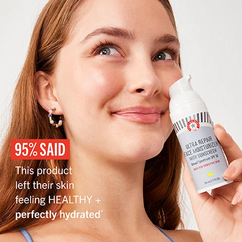 Image 1, 95% this product left their skin feeling healthy and perfectly hydrated. image 2, 2 in 1 daily hydration SPF. image 3, safe for sensitive skin, non-comedogenic, fragrance free, vegan and cruelty free. image 4, choose your spf BFF. for the elevated minimalist dewy, glazed finish, 100% mineral. for the multitasker, hydrated finish, hybrid UVA/UVB filters.