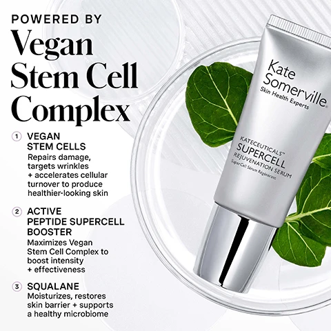 Image 1 - A silver tube of Kate Somerville Supercell Rejuvenation Serum is displayed with scientific glassware and green leaves in the background, next to text that reads POWERED BY Vegan Stem Cell Complex, 1 VEGAN STEM CELLS Repairs damage, targets wrinkles + accelerates cellular turnover to produce healthier-looking skin, 2 ACTIVE PEPTIDE SUPERCELL BOOSTER Maximizes Vegan Stem Cell Complex to boost intensity + effectiveness, 3 SQUALANE Moisturizes, restores skin barrier + supports a healthy microbiome.Image 2 - A silver Kate Somerville KATECEUTICALS SUPERCELL REJUVENATION SERUM tube, labeled Super Cell Sérum Régénérant and Skin Health Experts, with an OFF indicator on its dispenser, is angled on a textured white background, beside text stating Repair + Restore + Rejuvenate, CONTROL YOUR SKIN AGING DESTINY, - Boost collagen, - Repair fine lines+ wrinkles, - Accelerate cell-turnover, - Combat damage from environmental stressors. Image 3 - A person with closed eyes applies Kateceuticals Supercell Rejuvenation Serum from a roller applicator to their cheek, with text overlayed that reads: HOW DO I Use This? 1 Twist roller to ON 2 Squeeze until product appears—just a small amount is enough 3 Twist roller to OFF 4 Massage a thin layer onto face, neck, + décolleté 5 Let dry fully, then follow with your skincare routine Use SPF in the morning! Pro Tip: Best results when used after exfoliating or clinical treatments! for daily use, AM + PM. Image 4 - An image features a woman applying a Kate Somerville Sculptcell Rejuvenation Serum device to her forehead, alongside text that reads Clinically Proven to Rejuvenate Skin Up To 5 Years*, 90% of women reported the product formula left skin feeling healthier + firmer*, 90% of women reported skin was left smoother, soothed, softer + more supple*, Based on an independent clinical study. Demographics: women, ages 35-65 Number of participants = 30, and a circular logo at the bottom right featuring a winking face with the text Clinic Expertise at Your Fingertips Kate Somerville. Image 5 - A close-up shows a hand holding a silver skincare tube with a grey cap and a silver metal roller, with clear gel around the roller, featuring text that reads XL Metal Roller, Helps improve blood circulation, reduce puffiness + decrease inflammation, and OFF. Image 6 - A before and after comparison of a womans face, showing the left side with initial dark spots and uneven skin texture labeled BEFORE, and the right side after 4 weeks showing visibly improved skin clarity, reduced dark spots, and smoother texture labeled AFTER 4 WEEKS*; other visible text includes KATECEUTICALS Supercell Rejuvenation Serum and *Based on an independent clinical study. Demographics: women, ages 35-65 Number of participants=50. Image 7 - A split image shows a womans face, with the left side labeled BEFORE and IMMEDIATELY AFTER MORPHEUS 8 displaying red, textured skin, and the right side labeled AFTER 1 WEEK* and 7 DAYS AFTER SUPERCELL revealing smoother, clearer skin, along with KATECEUTICALS Supercell Rejuvenation Serum and Based on real clients claims and image analysis. Image 8 - The image shows three distinct Kate Somerville skincare serum bottles: a silver tube, a light blue pump bottle, and a silver pump bottle, displayed above a comparison chart, and includes the visible text CHOOSE Your Serum, Kate Somerville Skin Health Experts, KATECEUTICALS SuperCell Rejuvenation Serum, HYDRAKATE Recharging Serum, KATECEUTICALS Firming Serum, BENEFITS, Rejuvenate + Restore, Rehydrate + Plump, Plump + Firm, INGREDIENT SPOTLIGHT, Vegan Stem Cell, Dual-Weight Hyaluronic Acid, and Tri-Peptide + Hyaluronic Acid Complex. Image 9 - A diagram on a light purple background outlines Kates 5-step daily skincare routine with numbered steps and product icons, featuring a silver tube of Kate Somerville SuperCell Rejuvenation Serum for step 3, with the visible text KATES 5 Daily Dos 1 CLEANSE AM / PM 2 EXFOLIATE 1-2x PER WEEK 3 TREAT AM / PM 4 MOISTURIZE AM / PM 5 PROTECT AM and a concluding message SAY HI TO GROUNDBREAKING SKIN TECHNOLOGY Treat your skin with SuperCell Rejuvenation Serum morning + night to accelerate cellular turnover, delivering fresh-from-the-clinic results in the comfort of your home. Image 10 - A close-up of a persons dewy face with a hand gently touching their cheek, showing natural skin texture, with the text no skin retouching.