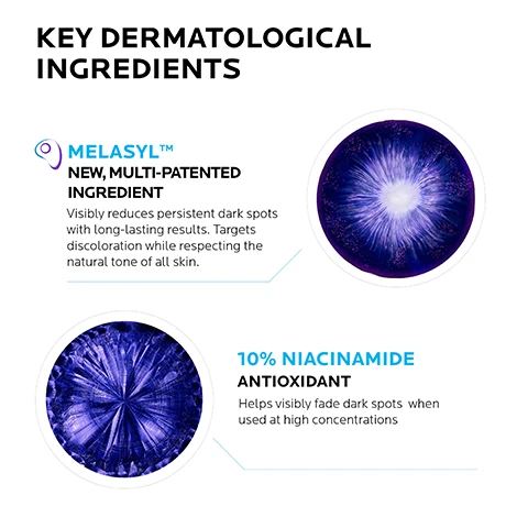 Image 1 - Image shows two sections highlighting key dermatological ingredients: the top section features a blue circular graphic and text stating Melasyl, a new multi-patented ingredient that visibly reduces persistent dark spots with long-lasting results, and the bottom section shows a circular graphic with text stating 10% Niacinamide, an antioxidant that helps visibly fade dark spots when used at high concentrations.
Image 2 - Three gel-like circles in varying sizes with a pink hue, along with text describing the product benefits: visibly fades dark spots for a more even, radiant tone; lightweight and fast-absorbing serum-gel texture; tested on all skin tones.
Image 3 - Image shows a side-by-side comparison of skin before and after 12 weeks of using the MELA B3 routine, featuring a bottle of La Roche-Posay MELA B3 serum and a tube of La Roche-Posay MELA B3 UV sunscreen, with visible text stating MELA B3 ROUTINE, BEFORE, and AFTER 12 WEEKS.
Image 4 - A purple serum bottle with a dropper labeled MELA B3 SERUM, accompanied by text indicating its benefits: CLARIFY with MELASYL, UNIFY with 10% NIACINAMIDE, and HYDRATE with HYALURONIC ACID.
Image 5 - A hand holding a dropper bottle of La Roche-Posay Mela B3 Serum, with text on the side that reads APPLY MORNING & EVENING TO FACE AND NECK.
Image 6 - Image shows the La Roche-Posay logo at the top, followed by four icons representing dermatological testing, allergy testing, paraben-free, and non-comedogenic labels, with accompanying text for each label: Dermatologist Tested, Allergy Tested, Paraben Free, Non-Comedogenic.