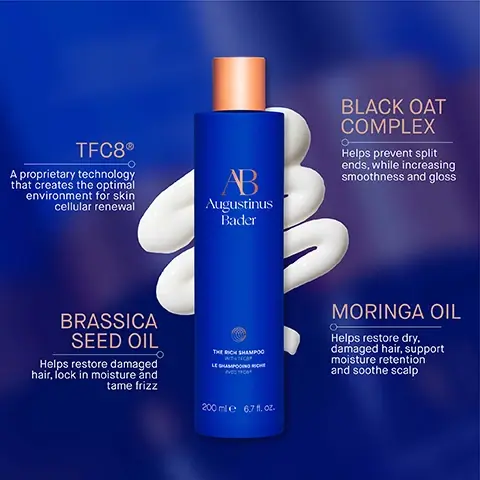 Image 1, TFC8 - a proprietary technology that creates the optimal environment for skin cellular renewal. brassica seed oil - helps restore damaged hair, lick in moisture and tame frizz. black oat complex - helps prevent split ends, while increasing smoothness and gloss. moringa oil - helps restore dry, damaged hair, support moisture retention and soothe scalp. image 2, clinically proven results. TWEL (transepidermal water loss) reduced by 29%. hair shine increased by 81%. hair frizz reduced by 74%. hair volume increased by 57%. in a 4 week trial of 35 male/female aged 18+. image 3 and 4, clinically proven to deeply nourish and restore hair - before and after 4 weeks. image 5, the shampoo - texture = weightless gel cleanser. key benefits = cleansing and strengthening. key concerns = build-up, thinning, shedding and breakage. ideal for = finer hair types. the rich shampoo - texture = rich, cream cleanser. key benefits = nourishing and restoring. key concerns = dryness, damage, breakage, shine, frizz and shedding. ideal for = thicker hair types. image 6, user proven results. 97% agree hair is deeply nourished. 94% agree helps restore, dry, breakage prone hair. 100% agree hair looks and feels healthier. 99% agree the rich shampoo softens and smooths hair. in a 4 week consumer perception study of 105 male/female aged 18+. image 7, step 1 = massage gently into wet hair and scalp. step 2 = rinse and repeat as required.