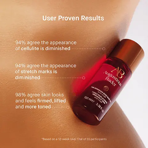 Image 1, user proven results 94% agree the appearance of cellulite is diminished 94% agree the appearance of stretch marks is diminished 98% agree skin looks and feels firmed lifted and more toned. Image 2, TFC8R A proprietary technology that creates the optimal environment for skin cellular renewal AB Augustinus Bader OLIVE FRUIT OIL Helps illuminate and soften skin GERANIUM & ROSE ESSENTIAL OIL BLEND Known to help relax and soothe THE GERANIUM ROSE BODY OIL WITH TFC8® L'HUILE POUR LE CORPS GÉRANIUM ET ROSE AVEC TFC8R 100 ml 3.38 fl. oz. ARGAN OIL Helps rebuild moisture barrier and prevents water loss Image 3, Step 1 Dispense desired amount Step 2 Pat on and massage into skin for a smooth, supple glow, neck to toe. Image 4, how to use cleanse and hydrate the body cleanser, 2, soften and smooth the geranium rose body oil 3 hydrate and firm the body lotion or the body cream