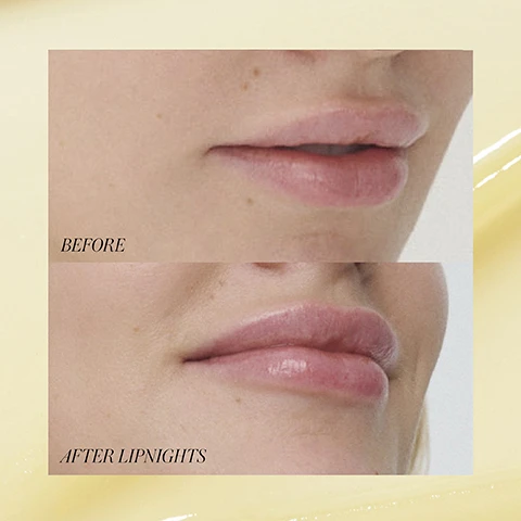 Image 1 - Image shows a close-up of lips with two sections labeled BEFORE on top and AFTER LIPNIGHTS on the bottom, highlighting the difference in appearance after using a lip product.
Image 2 - A close-up image of a person applying a white lip balm to their lips, with text that includes An Ultra-Nourishing, Overnight Treatment Balm, 100% Agree it leaves lips feeling hydrated overnight, and 96% Agree it visibly smooths lips, is nourishing & restoring, and leaves lips feeling softer & conditioned.
Image 3 - A blue tube of RMS Lipnights with a beige background, featuring the text 24, Bye Bye Dry, 24 Hour Hydration & Repair, Dermatologically Tested & Suitable for Sensitive Skin, and 9 g / 0.31 oz.
Image 4 - An image featuring a light yellow background with text that reads Lip-Loving Clean Ingredients, followed by Kakadu Plum Seed Oil - Highest natural source of Vitamin C—plumps, brightens, & reduces the look of fine lines and wrinkles, Peptides & Pomegranate Extract - Adds subtle volume to the lips, naturally, and Shea Butter - Long-lasting, ultimate hydration.
