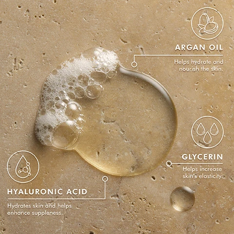 Image 1, argan oil - helps hydrate and nourish the skin. hyaluronic acid - hydrates skin and helps enhance suppleness. glycerin helps increase skins elasticity. image 2, peta approved cruelty free. image 3, fragranced with new dahlia rouge. dahlia petals. petal tuberose. sandalwood.