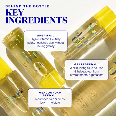 Image 1, BEHIND THE BOTTLE KEY INGREDIENTS ARGAN OIL High in vitamin E & fatty acids, nourishes skin without feeling greasy Supergoop! MO Super geap GLO GRAPESEED OIL A skin-loving oil to nourish & help protect from environmental aggressors MEADOWFOAM SEED OIL Nourishes skin & helps lock in moisture Sun an Laz 48 m Fasisti (80 mi SPER Image 2, Silky, lightweight body oil + SPF 50