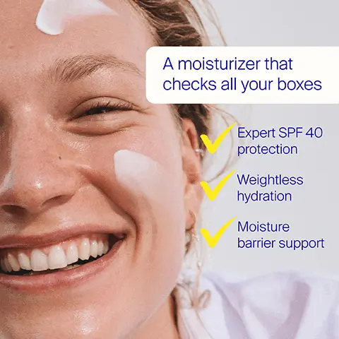 Image 1, A moisturizer that checks all your boxes Expert SPF 40 protection Weightless hydration Moisture barrier support Image 2, BEHIND THE BOTTLE KEY INGREDIENTS RED ALGAE Known to help balance skin Supergoop! TRIPLE PREP WEIGHTLESS MULTITASKING MOISTURIZER 17 fl oz/50 ml. 40 A HYDRATING COMPLEX OF ECTOIN, HYALURONIC ACID, AND GLYCERIN Helps support and replenish skin's moisture barrier plus protect against oxidative stress BROAD SPECTRUM SPF 40 Protects against UV-caused skin damage Image 3, Which SPF Moisturizer is Right for Me? TRIPLE PREP SPF 40 SUPERSCREEN SPF 40 Supergoop! TRIPLE PREP Supergoop! SUPERSCREEN Lightweight daily moisturizer Oily to normal skin • Weightless hydration • Supports skin's moisture barrier • Skin feels replenished Rich daily cream Dry to normal skin • Rich, intense hydration • Nourishes dry & dehydrated skin • Skin feels softer Image 4, HYDRATED SKIN. REPLENISHED FEEL. 96% agreed their skin looked smooth** 92% agreed their skin looked healthy* 96% agreed their skin was left with a natural, balanced finish** "Based on a consumer study with 53 participants after 1 week "Based on a consumer study with 53 participants after 2 weeks Image 5, No white cast! Image 6, WHY WEAR A MOISTURIZER WITH SPF? Up to 90% of the signs of aging are caused by the sun, and UV damage can cause skin dehydration. TRIPLE PREP SPF 40 makes it easy to get the protection and hydration your skin needs. Supergoop! RIPLE PREP CHTLESS MULTITASKING TURIZER 750 ml Image 7, Soft, bouncy, weightless cream
