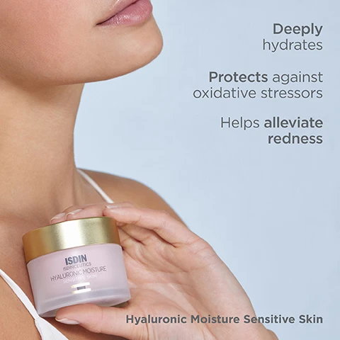 Image 1, deeply hydrates, protects against oxidative stressors, helps alleviate redness. hyaluronic moisture sensitive skin. image 2, clinical results showed +57% hydration in 2 hours. after 7 days of twice daily use, users stated 87% skin was less red, 97% skin was soft and soothed, 93% skin was relieved and comforted. image 3, 80% of ingredients of natural origin. hyaluronic moisture sensitive skin. image 4, lightweight, fast absorbing texture designed for sensitive skin. image 5, redness relief complex helps alleviate redness. multi protection complex defends against pollution and oxidative stressors. hyaluronic acid offers intense hydration. image 6, apply morning and night onto clean dry skin massaging into face and neck until completely absorbed. image 7, sustainable eco-refill available. image 8, join the loveisdin community. scan the QR code, earn points, earn rewards, unique code guarantees quality and authenticity.