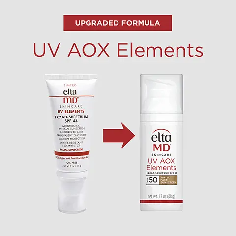 UPGRADED FORMULA UV AOX Elements TINTED elta MD SKINCARC UV ELEMENTS BROAD-SPECTRUM SPF 44 MOSTURIZING MYSICAL SUNSCREEN MONURONIC ACID TRANSPARENT ZINC OX WV PROTECTION WATER RESISTANT (40 MINUTES FACIAL SUNSCREEN OIL-FREE w3x/50 elta MD SKINCARE UV AOX Elements BROAD SPECTRUM S TINTED $50 FACE SUNSCREEN net wt. 1.7 oz (489) Image 2, SPF 50 broad-spectrum UVA/UVB protection Tinted formula helps blur imperfections Hydrating texture moisturizes and calms skin Antioxidants to help combat signs of photoaging elta MD SKINCARE UV AOX Elements BROAD SPECTRUM SPF 50 $50 TINTED FACE SUNSCREEN Blocks 56% HEV (blue light) net wt. 1.7 oz (48 g) Image 3, elta MD SKINCARE UV AOX Elements BROAD SPECTRUM SPF 10 $50 TINTED FACE SUNSCREEN net wt. 1.7 oz (48g) Powered by antioxidants to correct signs of premature aging Image 4, # 1 Dermatologist Recommended Professional Sunscreen Brand Image 5, Zinc Oxide & Titanium Dioxide repel harmful sun rays Antioxidants help prevent photo-induced premature aging Hyaluronic Acid increases hydration and moisture retention Bisabolol & Ginger Root help calm skin and reduce redness elta MD SKINCARE UV AOX Elements BROAD SPECTRUM SPO TINTED $50 PACE SUNSCREEN net wt. 1.7 oz (48 g) Image 6, Blocks 56% of blue light Image 7, 92% of consumers agree it feels gentle on their skin Home Tester Club Consumer Perception Study August 2023 (sample size 175) Image 8, élta MD SKINCARE UV AOX Elements BROAD SPECTRUM SPF SO $50 TINTED FACE SUNSCREEN net wt. 1.7 oz (48 g) ACTIVE INGREDIENTS 13.5% Zinc Oxide 4.4% Titanium Dioxide Image 9, THINK ZINC OXIDE Natural mineral compound that works as a sunscreen agent by reflecting and scattering UVA and UVB rays. Zn Think Zinc Image 10, elta MD UV AOX Elements 350 elta MD UV ADX M 140 MO SPF made for skin, not just the sun Image 11, Fragrance-Free Hypoallergenic Paraben-Free Noncomedogenic Dye-Free