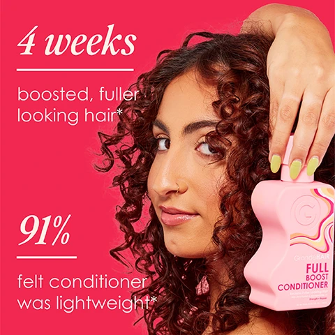 Image 1 - A person with curly hair is holding a pink bottle of conditioner against a bright pink background, with the text indicating 4 weeks boosted, fuller looking hair* and 91% felt conditioner was lightweight*.
Image 2 - A pink bottle of hair product with a small amount of cream oozing from the nozzle, featuring text that reads Helps reduce hair fall out, up to 3x more resistant to breakage, Ultralight formula, and 94% felt hair wasnt weighed down.
Image 3 - Image shows a side-by-side comparison of a womans hairstyle with the left labeled before and the right labeled after; the before image features long, straight hair without bangs, while the after image shows the same woman with bangs and a more voluminous hairstyle.
Image 4 - A woman with wet hair is applying GrandeHAIR Full Boost Conditioner in a shower, with instructions visible: after using GrandeHAIR Full Boost Shampoo, apply a small amount to wet hair, rinse with warm water, distribute evenly from roots to ends starting about 2 inches from the scalp.
Image 5 - A pink bottle of GrandeHair Full Body Conditioner is shown, with five gold stars above, and the text reads this one is it! The quote states The scent is so high end and lux! It doesnt weigh my hair down and it helps with frizz too!