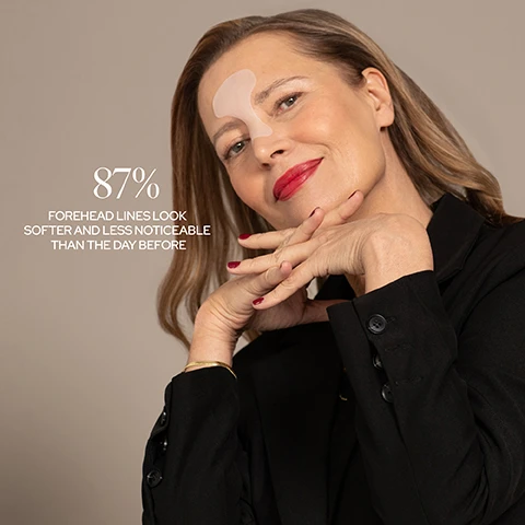 Image 1, 87% forehead lines look softer and less noticeable than the day before. image 2, real faces, real results. image 3, 84% said they would use sio patches instead of injectables, laser or fillers.