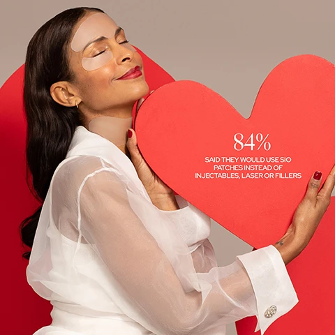 Image 1, 84% said they would use sio patches instead of injectables, laser or fillers. image 2, smoothness you can see in just a few hours. image 3, 75% said there was a visible reduction in fine lines and wrinkles on their neck.