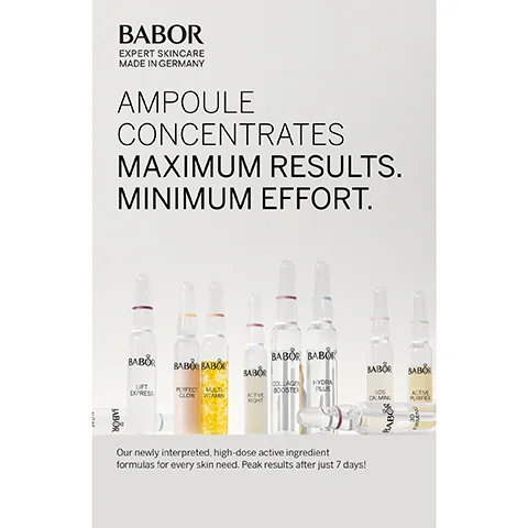 Image 1 - An image of Babór skincare products featuring multiple ampoule bottles lined up, with text that reads AMPOULE CONCENTRATES MAXIMUM RESULTS. MINIMUM EFFORT. Below is additional text: Our newly interpreted, high-dose active ingredient formulas for every skin need. Peak results after just 7 days!