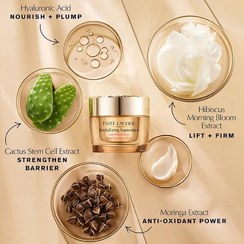Image 1 - An Estee Lauder Revitalizing Supreme+ Youth Power Creme Broad Spectrum SPF 25 jar is shown surrounded by bowls containing ingredients including Hyaluronic Acid NOURISH + PLUMP, Cactus Stem Cell Extract STRENGTHEN BARRIER, Hibiscus Morning Bloom Extract LIFT + FIRM, and Moringa Extract ANTI-OXIDANT POWER, along with a swirl of the cream.
Image 2 - A close-up shows a womans face with text -31% REDUCTION IN NECK LINES and smaller text *CLINICAL TESTING ON 54 WOMEN AFTER USING PRODUCT FOR 12 WEEKS, TWICE PER DAY.
Image 3 - Photo of an Estee Lauder Revitalizing Supreme+ Youth Power Creme SPF 25 jar with the lid open next to text Revitalizing Supreme+ Youth Power Creme SPF 25 WHATS THE SAME AS THE PREVIOUS SPF 15 MOISTURIZER? SAME beloved benefits: firming, smoothing and visible line minimizing SAME powerful ingredients: Moringa Extract & Collagen Boosting Technology SAME signature scent WHATS DIFFERENT? Broad spectrum SPF 25 Powerful additional ingredient: Hibiscus Morning Bloom Extract Visible lifting benefits in 3 key areas: cheeks, smile lines, jawline Additional benefits: visible neck line and pore reduction, sculpting, 24-hour hydration Recyclable glass jar ESTÉE LAUDER Revitalizing Supreme+ Youth Power Creme Broad Spectrum SPF 25.
