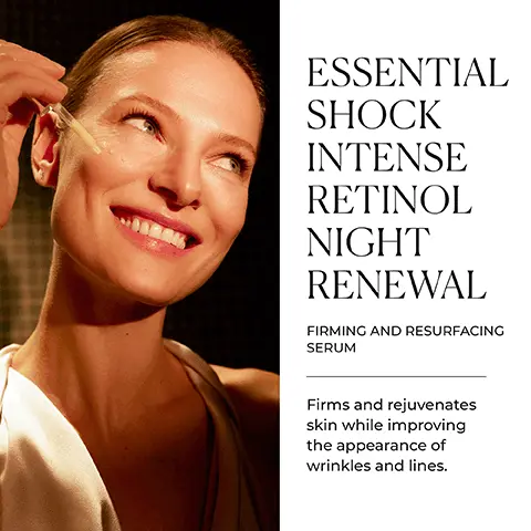 Image 1 - A smiling woman applies a serum to her face while wearing a light-colored top, with text on the right that reads ESSENTIAL SHOCK INTENSE RETINOL NIGHT RENEWAL FIRMING AND RESURFACING SERUM Firms and rejuvenates skin while improving the appearance of wrinkles and lines.
Image 2 - A bottle of Natura Bissé Essential Shock Intense Renewal night renewal serum is displayed on a wooden stand next to a glass of water with green leaves, with text on the left listing key benefits: rejuvenates, renews, firms, restores.
Image 3 - A smiling woman holds a skincare product, illuminated by warm light, with text alongside her that reads NIGHTLY RENEWAL FOR ENDLESS FIRMNESS and An ultra-concentrated formula designed to ensure maximum efficacy. Use with your nightly routine to reveal a renewed complexion, softer texture, and firmer skin. Below, there are icons for gluten-free and alcohol-free products.
Image 4 - Close-up of various skincare ingredients in bowls, including a yellow powder, with accompanying text that lists and describes the components: Retinol, Glycolic Acid, Amino-Essence Cocktail, and Bakuchiol, as well as their benefits for skin.
Image 5 - A promotional image featuring various skincare products from Natura Bissé, including a box, a bottle, and cream jars, with the text CAPTURE YOUR INNER BEAUTY A series of intensive anti-aging treatments that promote deep hydration to restore younger-looking skin.