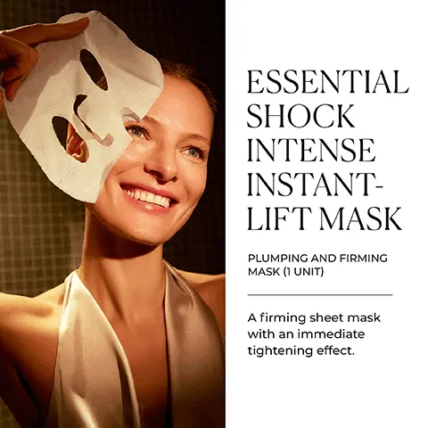 Image 1 - A woman is smiling while holding a facial mask to her face, with text on the right reading ESSENTIAL SHOCK INTENSE INSTANT-LIFT MASK PLUMPING AND FIRMING MASK (1 UNIT) A firming sheet mask with an immediate tightening effect.
Image 2 - Image shows a product packaging for Natura Bissés Essential Shock Intense Mask, with visible text highlighting KEY BENEFITS, which include icons for hydrates, plumps, and firms.
Image 3 - A woman with a facial mask is looking to the side, and the text alongside her reads NEXT LEVEL FIRMNESS IN JUST 10 MINUTES and Reveal a firmer, more luminous, and smooth complexion in just 10 minutes, with icons indicating gluten free, oil free, and alcohol free.
Image 4 - Image shows a clean surface with glass bowls containing yellow powder, white powder, and a small round dish with orange liquid, accompanied by text on the right side describing the science behind the formulation, including high molecular weight collagen, hyaluronic acid combo, and niacinamide.
Image 5 - Alt text: A collection of skincare products displayed on a light surface, featuring boxes and bottles with a yellow package labeled Natural Bisse Essential Shock Intense Mask, along with the text Capture Your Inner Beauty and a description of anti-aging treatments.