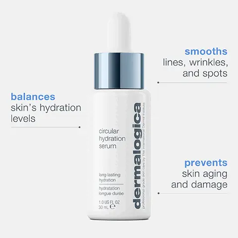 Image 1, balances skin's hydration levels circular hydration serum long-lasting hydration hydratation longue durée 1.0 US FL OZ 30 mL e dermalogica professional grado dan care by The International Dermal Institute smooths lines, wrinkles, and spots prevents skin aging and damage Image 2, polyglutamic acid replenishes skin's hydration reserves from within algae extract-infused moisturizing matrix delivers quick and long-lasting hydration hyaluronic acid supplies deep hydration for more supple, radiant skin over time.