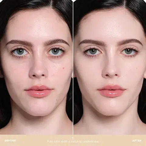 Image 1, before and after. image 2, fair skin tones. 1 = fair skin with a natural undertone. 2 = fair skin with a cool rosy undertone. 3 = fair skin with a warm undertone. 4 = fair skin with a golden peach undertone. image 3, light skin tones. 5 - light skin with a natural golden undertone. 6 = light skin with a golden peach undertone. 7 = light skin with a cool olive undertone. 8 = light skin with a warm golden undertone. image 4, medium skin tones. 9 = medium skin with a golden undertone. 10 = medium skin with a cool golden undertone. 11 = medium skin with a neutral undertone. 12 = medium skin with a cool olive undertone. image 5, deep skin tones. 13 = deep skin with a neutral golden undertone. 14 = deep skin with a warm golden undertone. 15 = deep skin with a warm undertone. 16 = deep skin with a neutral undertone. image 6, apply beauty balm directly to the face and blend using your finger tips just like skincare. image 7, 8, 9 and 10, find your match with the magic touch concealer and luminous foundations. image 11, smooths with HA microspheres. boosts collegen with peptide complex. plumps with collagen stabiliser. image 12, immediate 100% agree it easily blends into skin. 100% said they were able to find their perfect match. 98% agree it has a smooth finish on skin. 98% said it feels weightless on skin. after 1 week - 98% said skin tone looks more even. 92% said skin looks plumper. in an independent study of 50 women.