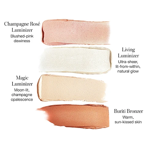 Image 1 - Four cosmetic swatches with descriptions: Champagne Rosé Luminizer Blushed-pink dewiness, Living Luminizer Ultra-sheer, lit-from-within, natural glow, Magic Luminizer Moon-lit, champagne opalescence, and Buriti Bronzer Warm, sun-kissed skin. Image 2 - Golden oil with bubbles on a light background, with text that reads Skin-Loving Clean Ingredients Vitamin E protects and smooths Castor Seed Oil a natural anti-inflammatory Organic Coconut Oil moisturizes and softens.