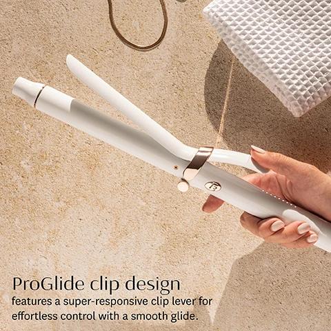 Image 1, pro glide clip design features a super responsive clip lever for effortless control with a smooth glide. image 2, cool tip features a ventilated design for a comfortable grip that stays cool to the touch. image 3, digital T3 singlepass technology ensures advanced heat precision for lasting results in just one pass. 9 heat settings deliver precise heat for all hair types and textures. ceramic heater technology delivers uniform heat no hot or cool spots for fast one pass styling. smart microchip digitally regulates temperature to keep heat fluctuations in check. image 4, 9 precise heat settings for every hair type and texture. coarse texture 7-9, medium texture 5-6, fine texture 1-4. image 5, extra long barrel styles wide sections long hair, or hard to reach areas in one quick pass. image 5, barrel size - 1 inch, 1 and a quarter inch, 1 and a half inch.