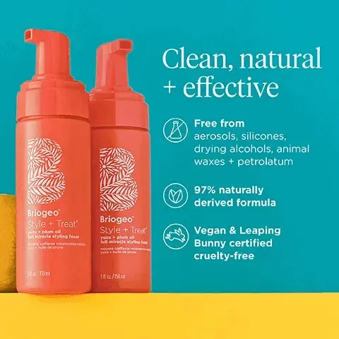 image 1, clean, natural and effective. free from = aerosols, silicones, drying alcohols, animal waxes and petrolatum. 97% naturally derived formula. vegan and leaping bunny certified cruelty free. image 2, extra volume, hold the damage. protects from heat up to 450F + moisturises strands. helps prevent protein damage from heat styling. delivers bouncy volume. based on structural changes to hair keratin when compared to heat alone. image 3, super b complex = promotes healthy looking hair. plum oil = provides lightweight moisture. yuzu extract = protects from environmental aggressors. image 4, an airy foam that dries soft and weightless, never crunchy. image 5, one multi tasking foam, three ways to style. bouncy blowout = apply to damp roots and blow dry with a round brush. soft waves = apply on wet hair, scrunch and let air dry. tousled texture = apply to dry hair, scrunch and let air dry. image 6, full miracle styling foam = boosts volume. soft power air dry cream = enhances natural texture. light work sculpting creme = flexiable, nourishing hold. sleek stick = long lasting hold for flyaways and baby hairs.