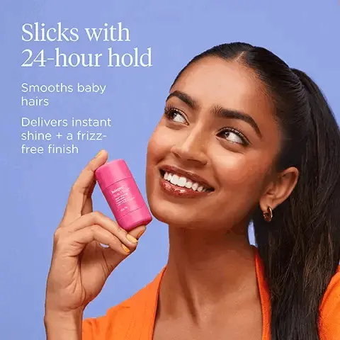 Image 1, slicks with 24 hour hold. smooths baby hairs. delivers instant shine and a frizz free finish. image 2, super b complex = promotes healthy looking hair. plum oil = provides lightweight moisture. yuzu extract = protects from environmental aggressors. image 3, a smooth, vegan waz that dried sleek with a glossy, grease free finish. image 4, how to = apply on dry hair and use comb or fingers to smooth. image 5, full miracle styling foam = boosts volume. soft power air dry cream = enhances natural texture. light work sculpting creme = flexiable, nourishing hold. sleek stick = long lasting hold for flyaways and baby hairs. image 6, clean, natural and effective. free from = aerosols, silicones, drying alcohols, animal waxes and petrolatum. 97% naturally derived formula. vegan and leaping bunny certified cruelty free.