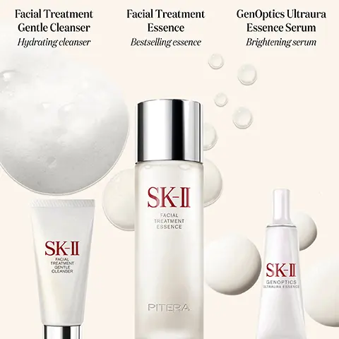 Image 1, Facial Treatment Gentle Cleanser Hydrating cleanser Facial Treatment Essence Bestselling essence GenOptics Ultraura Essence Serum Brightening serum SK-II FACIAL TREATMENT GENTLE CLEANSER SK-II FACIAL TREATMENT ESSENCE PITERA SK-II GENOPTICS TRAURA ESSENCE Image 2, The Brightening Set Fine lines appearance reduced Sun spots SK-II PITERA less visible Skin tone radiant SK-II SKII SK-II O PITE RA