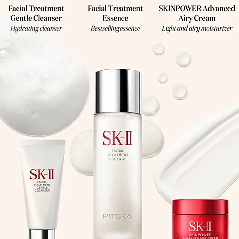 Image 1, Facial Treatment Gentle Cleanser Hydrating cleanser Facial Treatment Essence Bestselling essence SKINPOWER Advanced Airy Cream Light and airy moisturizer SK-II FACIAL TREATMENT GENTLE CLEANSER SK-II FACIAL TREATMENT ESSENCE PITERA SK-II SKINPOWER ARVANGER ANY CREAM Image 2, The Anti-Aging Set Fine lines appearance reduced Skin texture SKII PITERA looks more refined Firmness improved SK-II SK-II PITERA Image 3, The SK-II Ritual 2X DAILY MORNING NIGHT SK-II SK-II PITERA SKII Cleanser With PITERATM & Amino Acid, gently removes impurities for soft, smooth skin Essence Over 90% PITERAT to address visible signs of aging & skin damage Cream Formulated with PITERATM & Peony Extract to make skin supple & visibly firm
