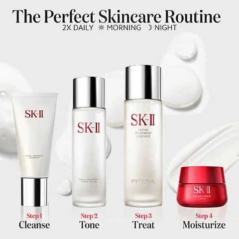Image 1, The Perfect Skincare Routine 2X DAILY MORNING NIGHT SK-II SK-II SK-II FACIAL TREATMENT ESSENCE CLEAR LOTION PITERA SK-II SIGNPOWER Step 1 Cleanse Step 2 Tone Step 3 Treat Step 4 Moisturize Image 2, Radiant Helps remove stubborn impurities from your skin to reveal its true radiance. Smooth Smoothes skin to prepare it for the rest of your regimen. Based on 20 participant measurement study over Sues & 33 participantmeasurement study over 30 day period Image 3, Key Ingredients Facial Treatment Clear Lotion Toner PITERATM A bio-ingredient rich in vitamins, organic acids, minerals, and amino acids that work together to support skin's natural cell renewal process. AHA (Alpha-hydroxy acids) Exfoliates dead skin surface cells & impurities and conditions the skin surface for a silky finish. Image 4, Unleash the power of PITERATM A natural bio ingredient cultured exclusively in Japan for SK-II to strengthen & protect skin barrier from environmental stressors Containing 50 micronutrients like vitamins, minerals, amino acids, and natural acids to visibly transform to translucent & radiant looking skin Crafted from fermentation in a proprietary process of a unique yeast strain to provide skin surface inner hydration, locking moisture within skin