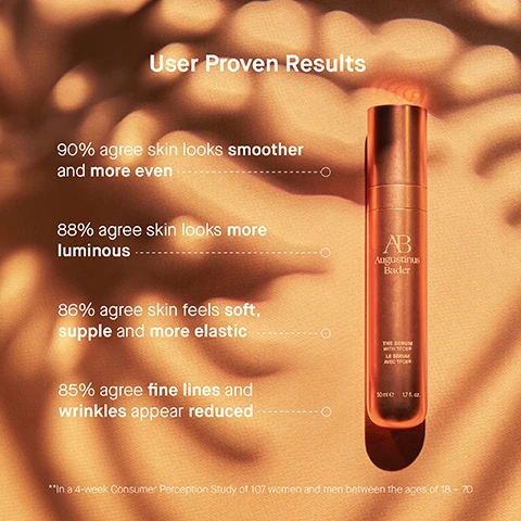 Image 1, user proven results. 90% agree skin looks smoother and more even. 88% agree skin looks more luminous. 86% agree skin feels soft, supple and more elastic. 85% agree fine lines and wrinkles appear reduced. in a 4 week consumer perception study of 107 women and men between the ages of 18-70. image 2, before and after 12 weeks. clinically proven to even skin and boost luminosity. image 3, before and after 12 weeks. clinically proven to reduce the appearance of blemishes. image 4, clinically proven results. appearance of even skin tone improved by 94%. feel skin elasticity improved by 83%. appearance of wrinkles reduced by 28%. in a 4 week clinical trial of 30 women and men between the ages 18-70. image 5, step 1 = dispense 2-3 pumps into hands. step 2 = in upward, sweeping motions, smooth over face, neck and decollete until fully absorbed. step 3 = follow by applying you augustinus bader moisturiser and/or oil. image 6, the serum, texture = lightweight gel serum. key benefits = correcting and illuminating. key concerns = fine lines and wrinkles, dark spots/skin tone, dullness, loss of firmness. ideal for = normal to very dry skin. the retinol serum, texture = lightweight cream serum, key benefits = smoothing and refining. key concerns = deep lines and wrinkles, blemishes, uneven texture, loss of elastitcy. ideal for = oily to very dry skin.