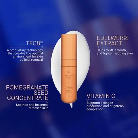 Image 1, TFC8R A proprietary technology that creates the optimal environment for skin cellular renewal AB Augustinus Bader POMEGRANATE SEED CONCENTRATE Soothes and balances stressed skin THE SERUM LES ANOTICE EDELWEISS EXTRACT Helps to lift, smooth, and tighten sagging skin VITAMIN C Supports collagen production and brightens complexion Image 2, cinically proven results appearance of even skin tone improved by 94% feel of skin elasticity improved by 83% appearance of wrinkles reduced by 28% Image 3, BEFORE AFTER 12 WEEKS Clinically proven to even skin and boost luminosity Image 4, the serum texture lightweight gel serum key benefits correcting and illuminating ideal for normal to very dry skin the retinol serum texture lightweight cream serum key benefits smoothing and refining key concerns deep lines and wrinkles blemishes uneven texture loss of elasticity ideal for oily to very dry skin. Image 5, User Proven Results 90% agree skin looks smoother and more even 88% agree skin looks more luminous 86% agree skin feels soft, supple and more elastic AB Augustinus Bader AB Augustinus Bader THE SERUM WITH TFC& 85% agree fine lines and wrinkles appear reduced THE SERUM WITH TFCO LE SERUM AVEC TFCB LE SERUM AVEC TFC8 5ml 0.51.02. 15 ml 0.5 oz **In a 4-week Consumer Perception Study of 107 women and men between the ages of 18 - 70 Image 6, Step 1 Dispense 2-3 pumps into hands Step 2 In upward, sweeping motions, smooth over the face, neck and decollete until fully absorbed Step 3 Follow by applying your Augustinus Bader moisturizer and/or oil
