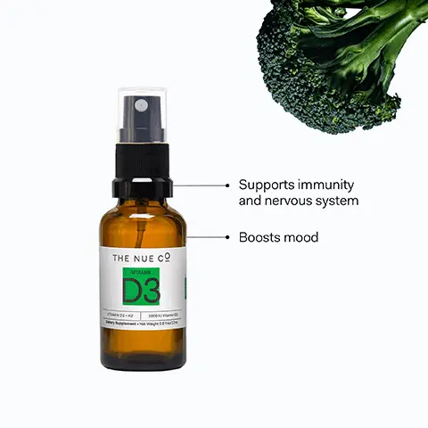 Image 1, THE NUE CO VITAMIN D3 3000 Vitam Cetary Supplement Net Weight 0.0 VITAMIN D3 VITAMIN K2 Image 2, THE NUE CO VITAMIN D3 Supports immunity and nervous system Boosts mood yug