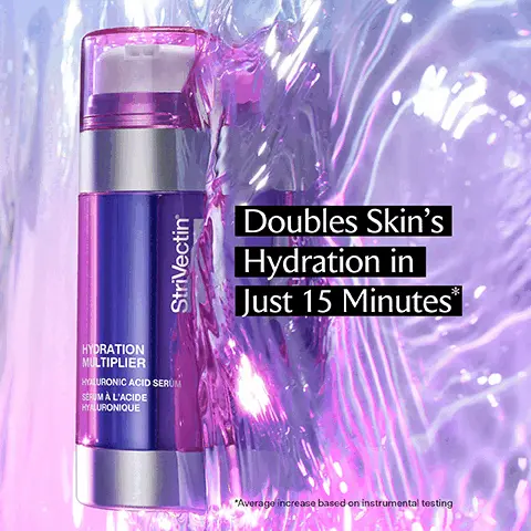 Image 1, HYDRATION MULTIPLIER HYALURONIC ACID SERUM SERUM À L'ACIDE HYALURONIQUE StriVectin Doubles Skin's Hydration in Just 15 Minutes* "Average increase based on instrumental testing Image 2, The 2-in-1 Serum for Mega Hydration 7X HYALURONIC ACID 5X CERAMIDES HYDRATE PLUMP GLOW StriVectin STRENGTHEN PROTECT HYDRATION MULTIPLIER HYALURONIC ACID SERUM SERUM À L'ACIDE HYALURONIQUE SOOTHE Image 3, BEFORE Clinically Proven Results After 4 Weeks On:** ✓ radiance ✓ texture ✓ fine lines ✓ wrinkles "Unretouched photos. Individual results will vary. "Based on self-assessment questionnaire results of 33 subjects after 4 weeks of use as directed AFTER 4 WEEKS Image 4, 100% showed a surge in skin hydration in just 15 minutes 96% reported a dewy healthy glow 93% reported skin looked more youthful based on self assessment questionaire results of 33 subjects after 4 weeks of use as directed. Image 5, How To Use 1. Press down evenly on pump to dispense both chambers 2. Mix together & apply to a clean face before moisturizer 3. Use AM & PM for best results PRO TIP: for first time users, prime the pump until both formulas are evenly dispersed MULTIPLER HYDRATION CALACE StriVectin Image 6, StriVectin HYDRATION MULTIPLIER HYALURONIC ACID SERUM SERUM À L'AIDE HYALURONIQ E Ingredients 7x Hyaluronic Acid Delivers instant & long-lasting moisture 1x Polyglutamic Acid Works synergistically to maximize hydration Ceramides 5x Protects against moisture loss Image 7, Two Powerful Serums in One WATER DRAWING With 7 Types of Hyaluronic Acid + Polyglutamic Acid MOISTURE LOCKING For long lasting results with 5 types of Ceramides Image 8, Two Powerful Serums in One WATER DRAWING With 7 Types of Hyaluronic Acid + Polyglutamic Acid MOISTURE LOCKING For long lasting results with 5 types of Ceramides