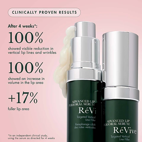 image 1, CLINICALLY PROVEN RESULTS After 4 weeks*: 100% showed visible reduction in vertical lip lines and wrinkles 100% showed an increase in volume in the lip area +17% fuller lip area *In an independent clinical study, using the serum as directed for 4 weeks ADVANCED LIP PERIORAL SERUM RéVi Targeted Vertical Line Filler Remplissage ciblé des rides verticales ADVANCED LIP PERIORAL SERUM RéVive Targeted Vertical Line Filler. image 2 and 3, before and after 4 weeks. 100% showed a visible reduction in lip lines and wrinkles showed an increase in volume in the lip area +17%. image 4, treat the perioral skin around your lips.