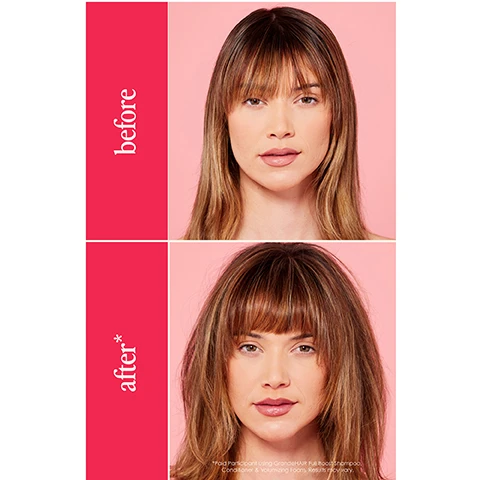 Image 1 - A side-by-side comparison of a womans hairstyle, with the left labeled before showing her with long hair and no bangs, and the right labeled after displaying her with shorter hair and bangs.
Image 2 - A woman with curly brown hair is holding a bottle of GrandeHAIR Full Boost Shampoo, with text on the image stating 4 weeks boosted, fuller looking hair* and 94% felt scalp was healthier*.
Image 3 - A bottle of shampoo with a pink label is shown, and liquid is pouring out; the text on the image reads, Instantly cleanses hair + exfoliates scalp without buildup, and Over time fuller looking hair + helps reduce hair fall out.
Image 4 - A woman with curly hair holds a pink bottle of conditioner, with text that reads 4 weeks boosted, fuller looking hair*, 91% felt conditioner was lightweight*.
Image 5 - A pink bottle of hair product with a small amount of cream spilling from the top, featuring text that reads Helps reduce hair fall out, up to 3x more resistant to breakage, Ultralight formula, and 94% felt hair wasnt weighed down.