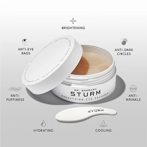 Image 1 - The image shows an open white container of Dr. Barbara Sturm Everything Eye Patches with a spatula beside it, featuring icons and text highlighting benefits like brightening, anti-eye bags, anti-dark circles, anti-wrinkle, cooling, hydrating, and anti-puffiness.
Image 2 - Image shows a jar of skincare cream with a light, creamy texture, accompanied by bullet points listing ingredients and their benefits: Avocado Polyphenols reduce dark circles, puffiness, and under-eye bags; Triple Hyaluronic Acid delivers intensive hydration and has an immediate plumping effect; Vegan Collagen strengthens skin elasticity and has a powerful anti-aging effect; Skin Identical Ceramides reinforce skin barrier strength and protect against trans-epidermal water loss; Panthenol boosts hydration and smooths skin texture.