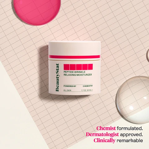 Image 1 - A white jar of BeautyStat Peptide Wrinkle Relaxing Moisturizer is centered on a grid pattern, with pink circular and glass elements surrounding it; the jar has a red stripe with text that reads BeautyStat PEPTIDE WRINKLE RELAXING MOISTURIZER POWERED BY CHEMISTRY ALL SKIN 1.7 OZ 50 ML, and additional text in pink stating Chemist formulated. Dermatologist approved. Clinically remarkable.
Image 2 - A jar and box of BeautyStat Peptide Wrinkle Relaxing Moisturizer are displayed against a pink background, with text stating that 90% reported a dramatic reduction in fine lines and wrinkles and 90% reported a dramatic increase in skin elasticity, along with a note about independent clinical testing results.
Image 3 - Side-by-side comparison of a womans face showing the effects of a treatment, labeled BEFORE on the left and AFTER 5 DAYS on the right, with dotted circles highlighting changes around the forehead and mouth areas.
Image 4 - Three skincare peptides are displayed on a textured white background: C22 Conotoxin Peptide, which helps improve skin elasticity; Hexapeptide, which helps relax the appearance of lines and wrinkles; and Glucosamine, which helps firm sagging skin.
Image 5 - Image shows a beige background with the title Our BeautyStat VALUES at the top, four icons below representing different values: a rabbit for Cruelty Free, a document with a chemistry flask for Patented Technology, a person in a lab coat holding a flask for Chemist-Created, and a circular icon for Clinically Tested, with FSC logo at the bottom.