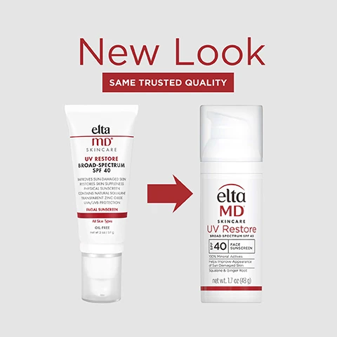 image 1, new look, same trusted quality. image 2, UVA/UVB sun protection. wear under makeup or alone. leaves no residue. helps revitalise sun-damaged skin. image 3, number 1 dermatologist recommended professional sunscreen brand. image 4, formulated with: ginger root = to improve skin tone, texture and smoothness and minimize the appearance of redness, discoloration and dark spots. image 5, think zinc oxide - natural mineral compound that works as a sunscreen agent by reflecting and scattering UVA and UVB rays. image 6, active ingredients. 15% zinc oxide. 2% titanium dioxide. image 7, trusted by dermatologists, loved by skin. for over 30 years, EltaMD has been creating innovative products that cater to all skin types and conditions, from cosmetically elegent sunscreen to skincare that repairs and rejuvenates skin. image 8, free from = eoxybenzone, parabens, fragrances, dyes. image 9, very nice product, 100% recommend. helping my aging skin cover up and protect from the sun, very sheet and goes on smooth. image 10, fragrance free, paraben free, hypoallergenic, dye free, non comedogenic, dermatologically tested. image 11, complete your regimen.