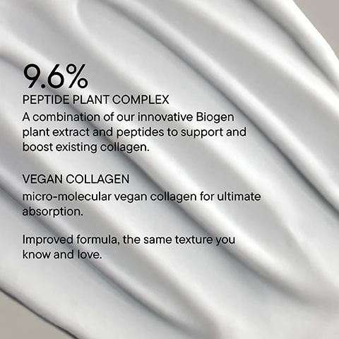 Image 1 - An abstract image of a smooth, draped fabric with text overlay that reads 9.6% PEPTIDE PLANT COMPLEX A combination of our innovative Biogen plant extract and peptides to support and boost existing collagen. VEGAN COLLAGEN micro-molecular vegan collagen for ultimate absorption. Improved formula, the same texture you know and love.
Image 2 - A close-up of a woman with healthy skin expression, featuring text that states 96% agree that the skin looks immediately well moisturized, 94% agree that when applied in the morning, the skin feels perfectly nourished all day long, and 91% agree that after the test period, their skin looks radiant fresh.
Image 3 - A light gray background displays the title COLLAGEN-PEPTIDE BOOSTER CREAM and the subtitle DOCTOR BABOR - LIFTING, along with a detailed description of the creams properties and benefits, and three icons indicating it is 100% vegan, dermatologically tested, and promotes clean beauty, followed by the text Your skin, lifted.
