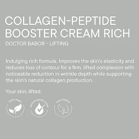 Image shows a product label for Collagen-Peptide Booster Cream Rich by Doctor Babor, describing its benefits for skin elasticity and wrinkle reduction, with visible text stating 100% vegan, dermatologically tested, and clean beauty.