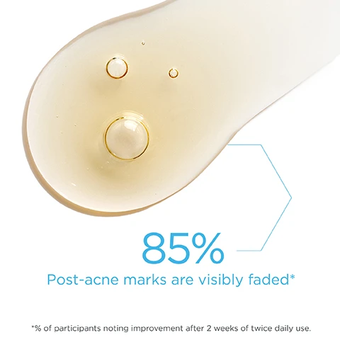 image 1, 85% post acne marks are visibly faded. % of participants noting improvement after 2 weeks of twice daily use. image 2, fade away dark marks for visibly clearer and healthier looking skin. image 3, 1/8% tranexamic acid (TXA) visibly reduces post acne discoloration. 5% niacinamide - fades the appearance of stubborn post acne marks. 1% vitamin c - brightens and evens skin complexion. 8% neoglucosamine - gently exfoliates for a more even tone and texture