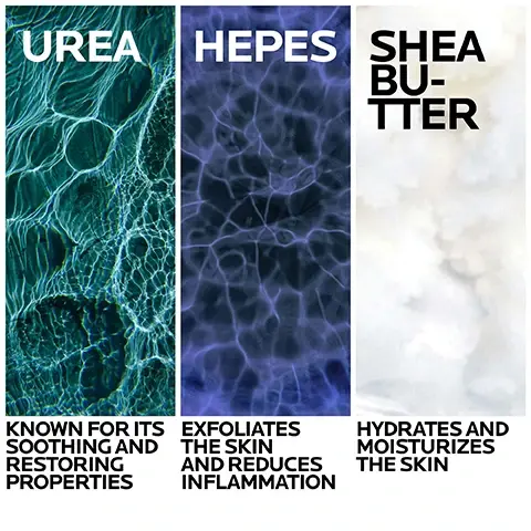 Image 1 - Image shows three vertical sections with textured backgrounds in shades of green, blue, and white, labeled Urea, Hepes, and Shea Butter, with descriptions stating Urea is known for its soothing and restoring properties, Hepes exfoliates the skin and reduces inflammation, and Shea Butter hydrates and moisturizes the skin.
Image 2 - A hand applies a white creamy substance to the skin on an exposed shoulder against a blue background, with the visible text reading fast absorbing texture, leaves a protect film on the skin, and non-greasy finish.
Image 3 - A bottle of La Roche-Posay Lipikar Urea 10% Roughness Smoothing Lotion, displaying text about its benefits for flaky, rough, and bumpy skin, stating it softens and smooths dry skin, and helps maintain the skins moisture barrier in one hour, with a volume of 400 ml.
Image 4 - A close-up of a persons arm showing a creamy substance being applied to their skin, with visible text that reads APPLY ON CLEAN, DRY SKIN ON BODY.
Image 5 - Image features the La Roche-Posay logo at the top, followed by four icons: a doctor for dermatologist tested, a woman touching her face for allergy tested, a crossed-out tube for paraben free, and a crossed-out perfume bottle for fragrance free.
Image 6 - Image shows two skincare products from La Roche-Posay for dry, rough skin: on the left, a transparent bottle labeled Oil Cleanser with the text GENTLE FOAMING CLEANSING OIL and on the right, a white bottle labeled Moisturizer with the text LIPIKAR UREA 10% ROUGHNESS SMOOTHING LOTION.Image 7 - A bottle of La Roche-Posay Urea 10% Roughness Smoothing Lotion with a blue cap, featuring labels that read Flaky, Rough & Bumpy Skin, Soften & Smooth Rough, Dry Skin with 1 Application, and Helps Maintain Skins Moisture Barrier in 1 Hour.