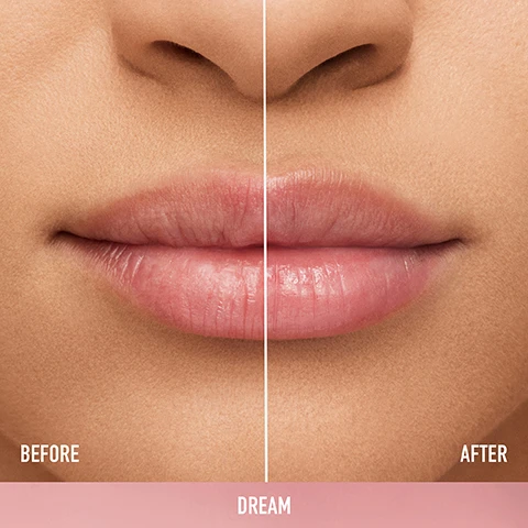 Image 1 - Close-up view of a persons lips split into two sections labeled Before on the left and After on the right, with the word DREAM beneath them.
Image 2 - Three lip products from bareMinerals are displayed against a pink, wavy background with water droplets on them, accompanied by text stating Lips look softer and healthier IN JUST ONE WEEK, Lips feel hydrated for 24HRS, and Clinically proven to DELIVER 8HR CONTINUOUS SHINE.
Image 3 - A lipstick tube in a pink shade is displayed against a swirled pink background, with ingredients including seabuckthorn oil, meadowfoam seed oil, and sesame seed extract listed alongside a sprig of leaves and orange berries.