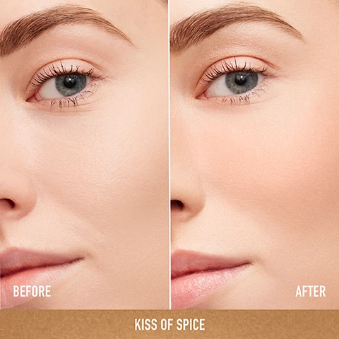 Image 1 - A split image showing a womans face before and after using a cosmetic product, with the left side labeled BEFORE and the right side labeled AFTER, and the bottom text reads KISS OF SPICE.
Image 2 - A tube of bareMinerals Complexion Rescue Blonzer is positioned against a wavy background in shades of coral and gold, with the visible text listing features such as Blush + Bronzer Hybrid, Seamless, Buildable Color, All-Day Wear, and Smooths the Look of Imperfections.
Image 3 - Image shows a light pink background with green leaves and a red flower beside bubbles; text reads infused with HYDRABLUR COMPLEX, VEGAN HYALURONIC ACID AND OLIVE-DERIVED SQUALENE Deliver all-day hydration, and BLURRING MINERAL MICROSPHERES Blend seamlessly, blurring pores and imperfections.
Image 4 - Image shows two tubes of bareMinerals products: on the left, Complexion Rescue Blonzer with a radiant finish, medium coverage, and benefits of providing rosiness and warmth for a sun-kissed look; on the right, Complexion Rescue Highlighting Blush with a luminous finish, sheer coverage, and benefits of adding rosiness and luminosity for a lit-from-within glow, both tubes are displayed against a light pink background.
Image 5 - Two tubes of blush products are displayed on a glossy pink surface, with visible text stating 100% Vegan Hyaluronic Acid, 100% FSC-certified cartons, sustainably sourced mica, and package made of 52% post-consumer recycled plastic.